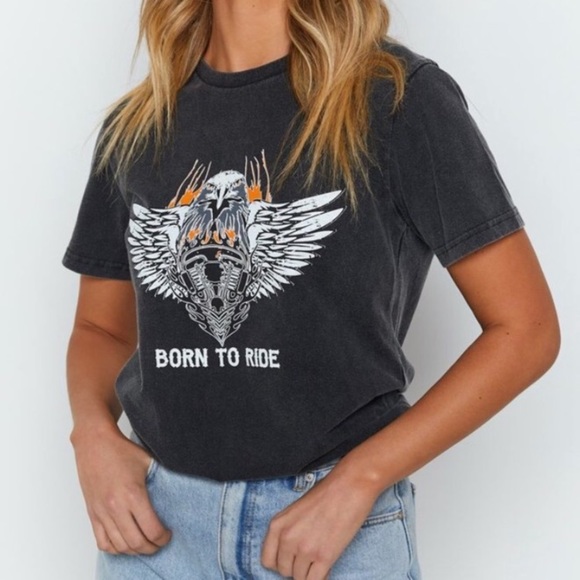 Beginning Boutique Tops - Beginning Boutique Born To Ride Acid Wash Tee